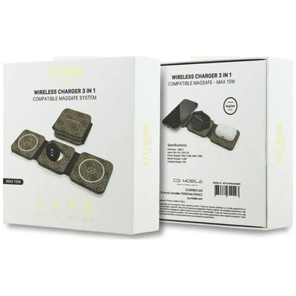 Guess 4G belaidis įkroviklis – „MagSafe“ 3-viename belaidis įkroviklis, skirtas iPhone, AirPods ir Apple Watch 15W (rudos spalvos)