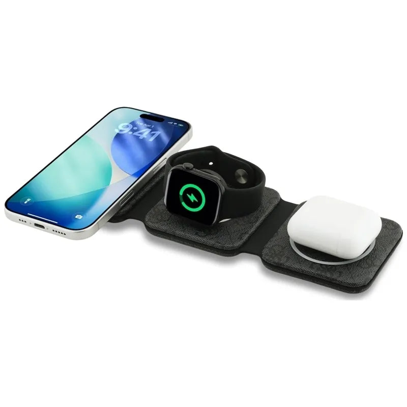 Guess 4G belaidis įkroviklis – „MagSafe“ 3-viename indukcinis įkroviklis, skirtas iPhone, AirPods ir Apple Watch 15W (juodos spalvos)