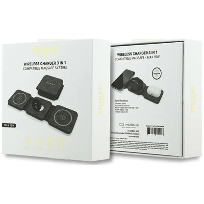 Guess 4G belaidis įkroviklis – „MagSafe“ 3-viename indukcinis įkroviklis, skirtas iPhone, AirPods ir Apple Watch 15W (juodos spalvos)