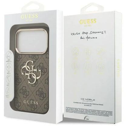 Guess 4G Big 4G Classic Logo dėklas, skirtas iPhone 17 Pro (Ruda / Auksinė)