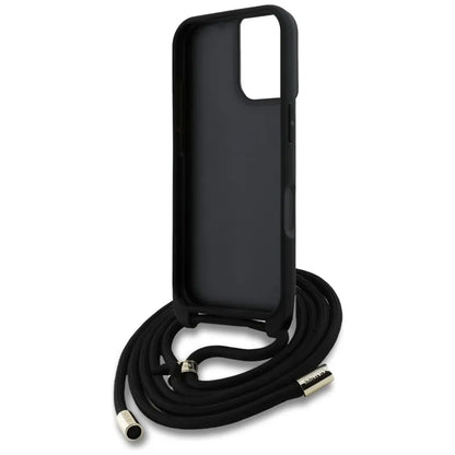 Guess 4G Big Logo Cord Strap Crossbody – dėklas, skirtas iPhone 16 Plus (rudas)