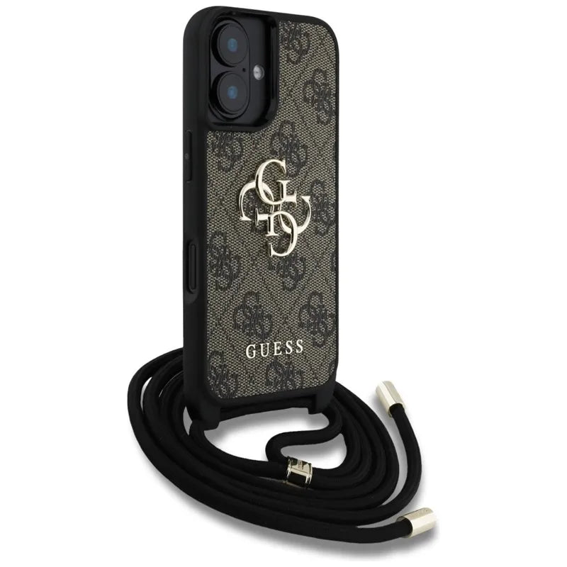 Guess 4G Big Logo Cord Strap Crossbody – dėklas, skirtas iPhone 16 Plus (rudas)