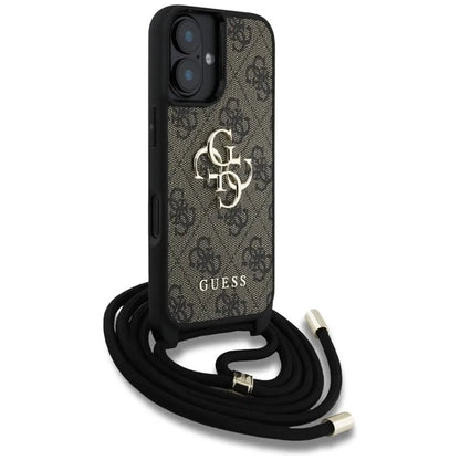 Guess 4G Big Logo Cord Strap Crossbody – dėklas, skirtas iPhone 16 Plus (rudas)