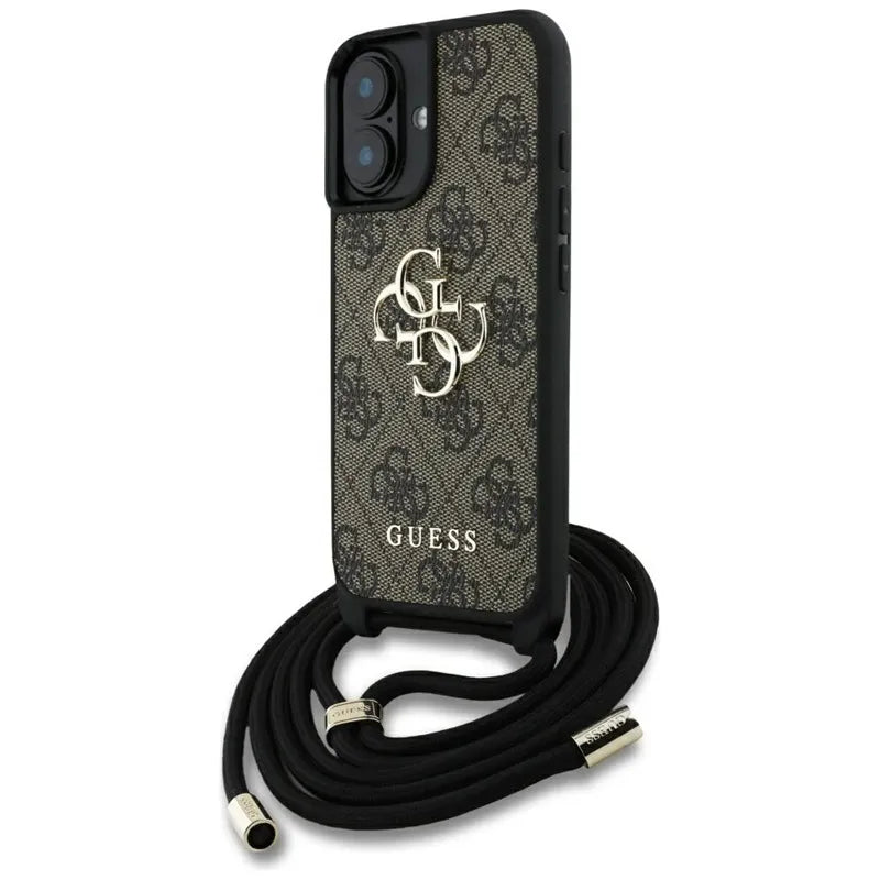 Guess 4G Big Logo Cord Strap Crossbody – dėklas, skirtas iPhone 16 Plus (rudas)