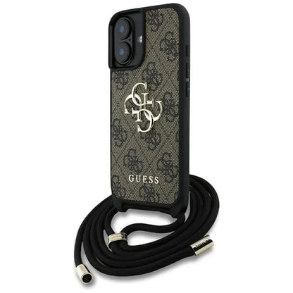 Guess 4G Big Logo Cord Strap Crossbody – dėklas, skirtas iPhone 16 Plus (rudas)