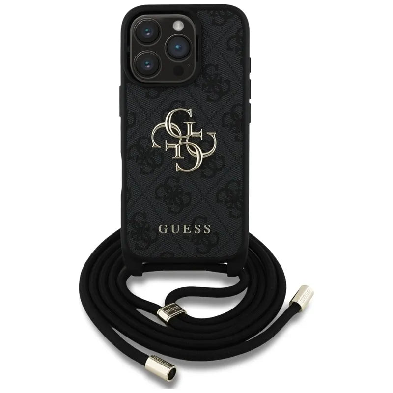 Guess 4G Big Logo Cord Strap Crossbody – dėklas, skirtas iPhone 16 Pro Max (juodas)