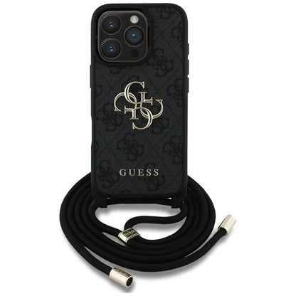 Guess 4G Big Logo Cord Strap Crossbody – dėklas, skirtas iPhone 16 Pro Max (juodas)