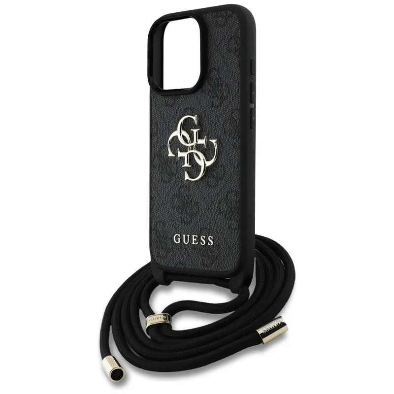 Guess 4G Big Logo Cord Strap Crossbody – dėklas, skirtas iPhone 16 Pro Max (juodas)