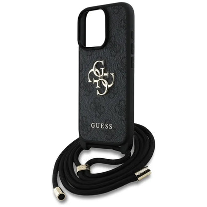 Guess 4G Big Logo Cord Strap Crossbody – dėklas, skirtas iPhone 16 Pro Max (juodas)