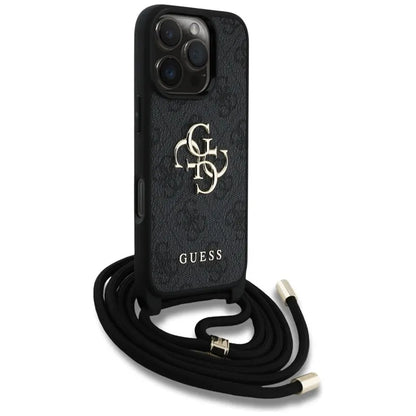 Guess 4G Big Logo Cord Strap Crossbody – dėklas, skirtas iPhone 16 Pro Max (juodas)