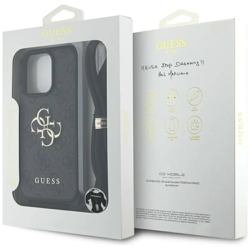 Guess 4G Big Logo Cord Strap Crossbody – dėklas, skirtas iPhone 16 Pro Max (juodas)