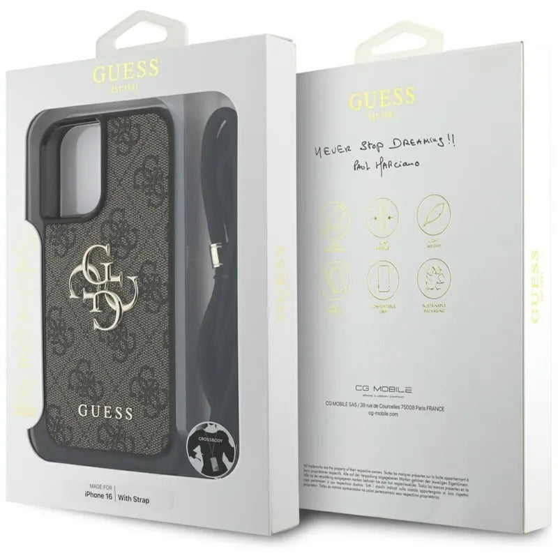 Guess 4G Big Logo Cord Strap Crossbody – dėklas skirtas iPhone 16 (rudas)