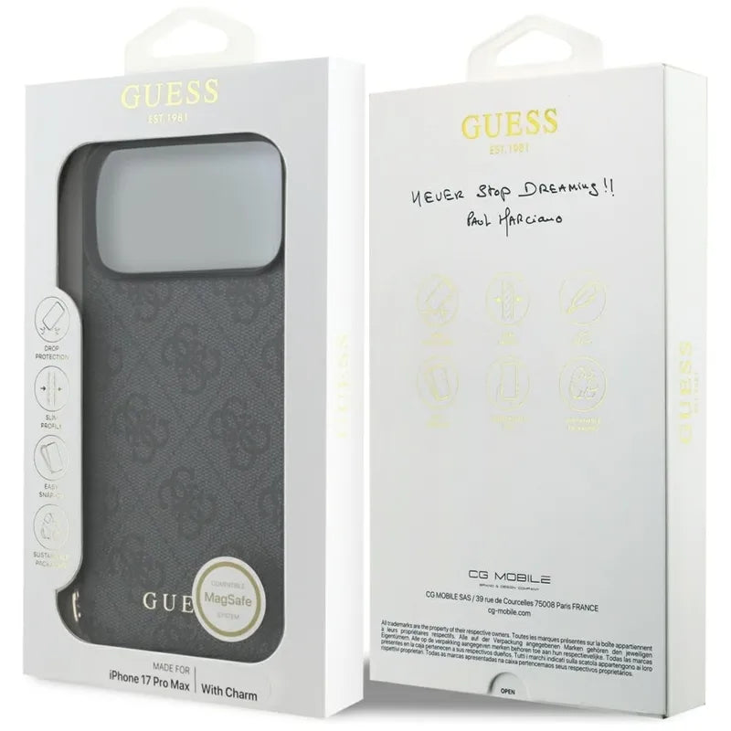 Guess 4G Charms Collection MagSafe - dėklas iPhone 17 Pro Max (juodas)