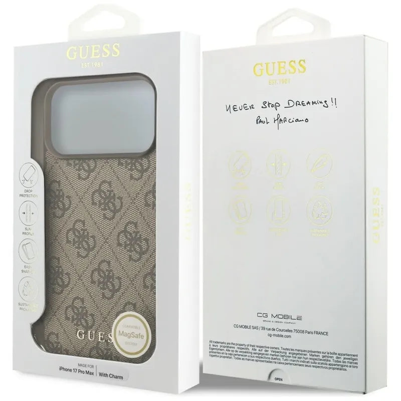 Guess 4G Charms Collection MagSafe - dėklas iPhone 17 Pro Max (rudos spalvos)