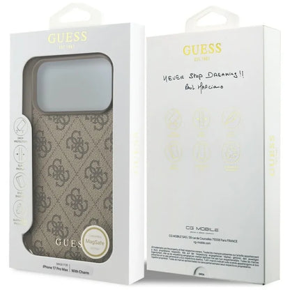 Guess 4G Charms Collection MagSafe - dėklas iPhone 17 Pro Max (rudos spalvos)
