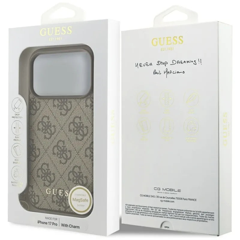 Guess 4G Charms Collection MagSafe – dėklas iPhone 17 Pro (rudas)