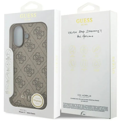 Guess 4G Charms Collection MagSafe – dėklas iPhone 17 (ruda)