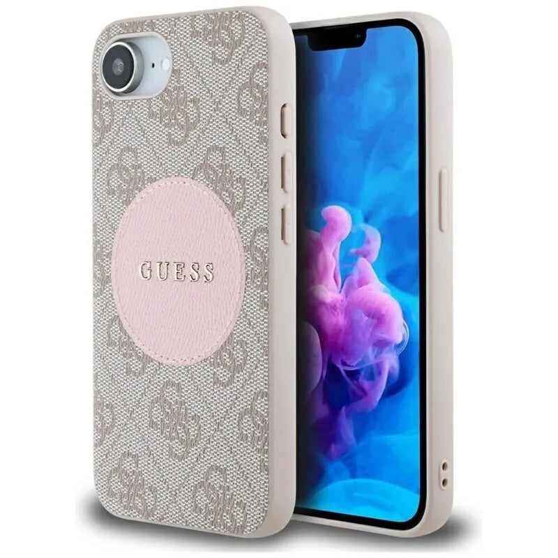 Guess 4G Circle Classic Logo MagSafe – dėklas iPhone 16e (rožinės spalvos)