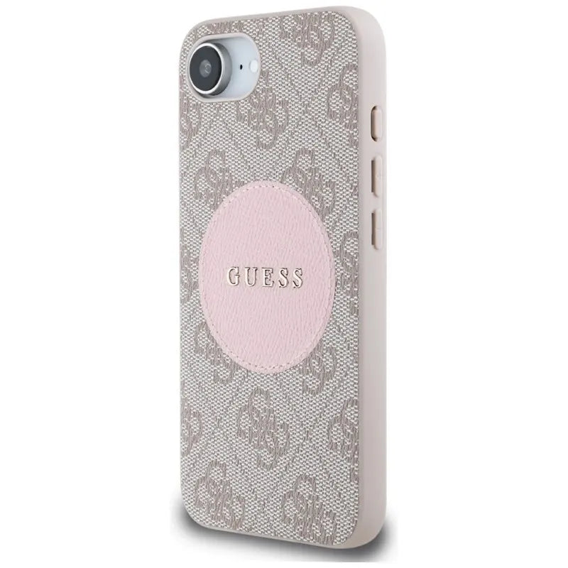 Guess 4G Circle Classic Logo MagSafe – dėklas iPhone 16e (rožinės spalvos)