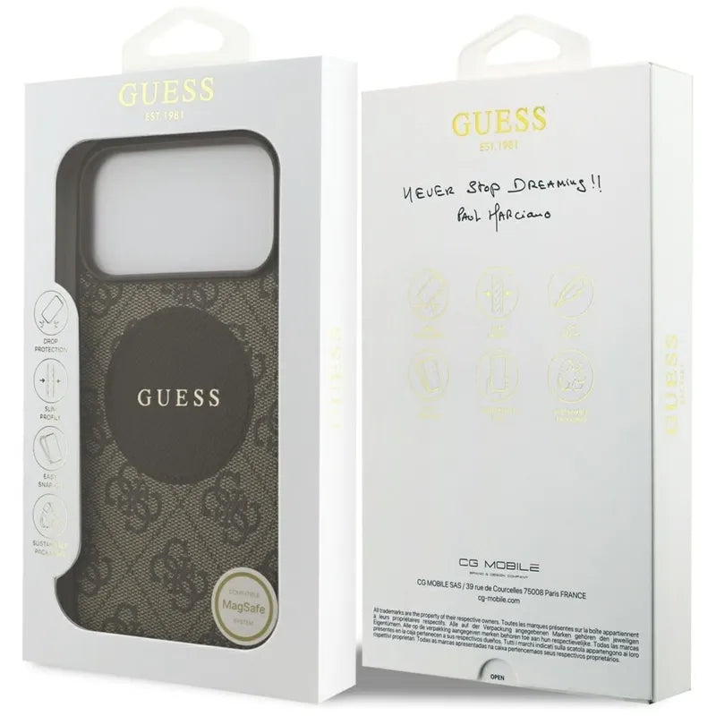Guess 4G Circle Classic Logo MagSafe dėklas iPhone 17 Pro Max (rudos)