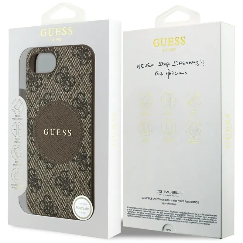 Guess 4G Circle Classic Logo MagSafe - dėklas skirtas iPhone 16e (rudas)