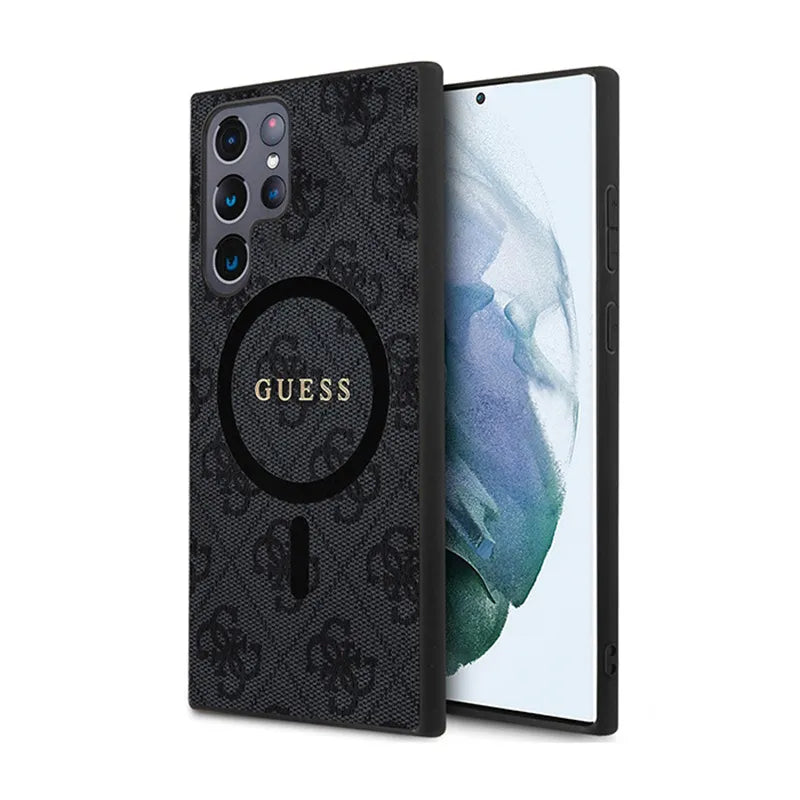 Guess 4G Collection Leather Metal Logo MagSafe – dėklas Samsung Galaxy S24 Ultra (juodas)