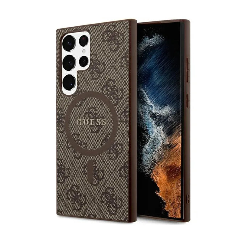 Guess 4G Collection Oda Metalo Logotipas MagSafe - Dėklas Samsung Galaxy S24 Ultra (Rudos spalvos)