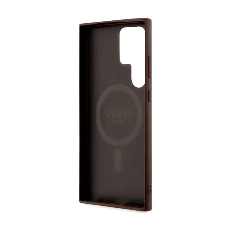 Guess 4G Collection Oda Metalo Logotipas MagSafe - Dėklas Samsung Galaxy S24 Ultra (Rudos spalvos)