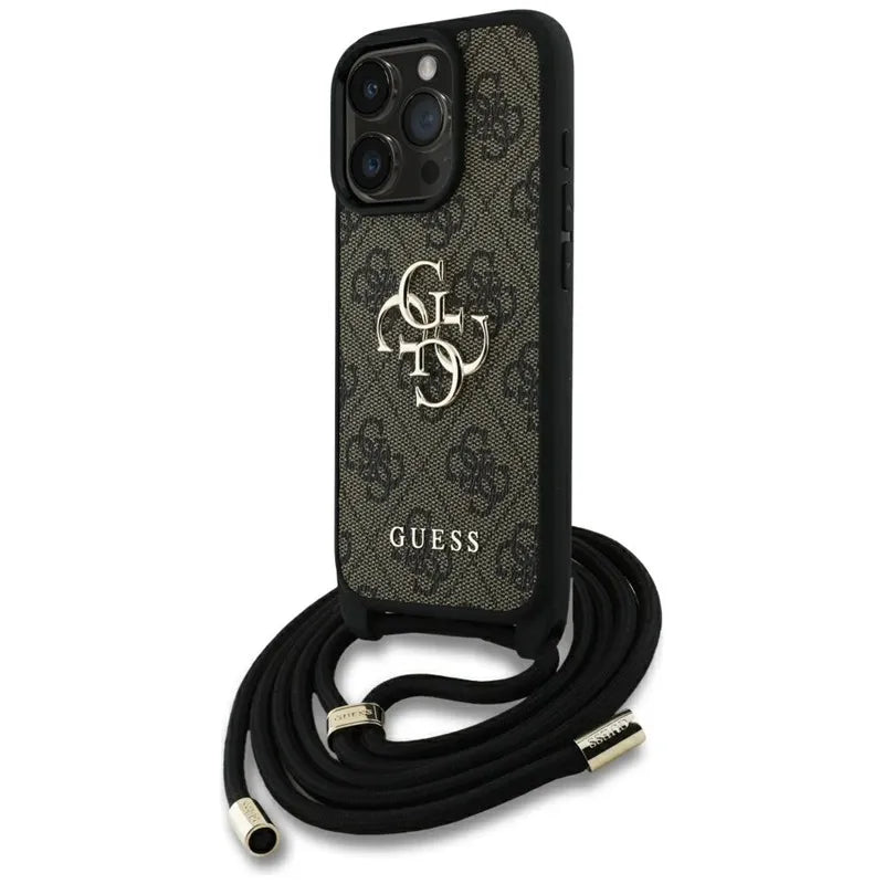 Guess 4G didelis logotipas su virvelės dirželiu – dėklas, skirtas iPhone 16 Pro (rudas)