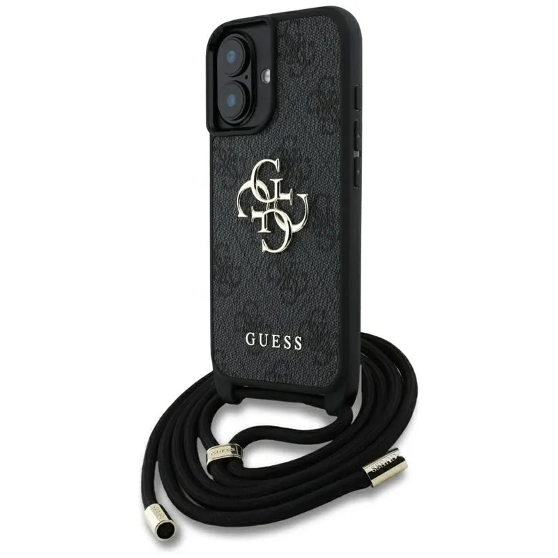 Guess 4G didelis logotipas su virveliniu dirželiu – dėklas, skirtas „iPhone 16 Plus“ (juodas)