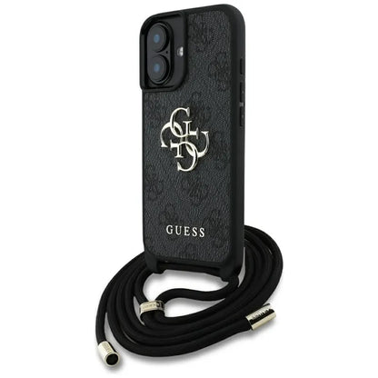 Guess 4G didelis logotipas su virveliniu dirželiu – dėklas, skirtas „iPhone 16 Plus“ (juodas)