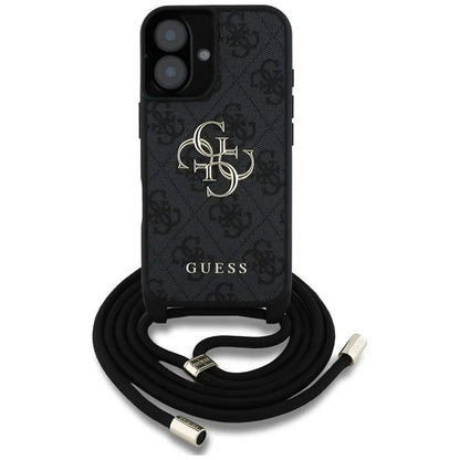 Guess 4G didelis logotipas su virveliniu dirželiu – dėklas, skirtas „iPhone 16 Plus“ (juodas)