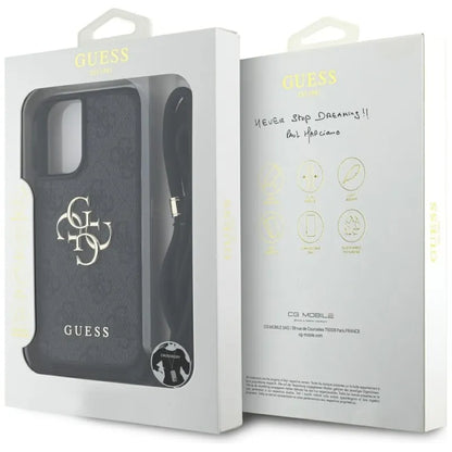 Guess 4G didelis logotipas su virveliniu dirželiu – dėklas, skirtas „iPhone 16 Plus“ (juodas)