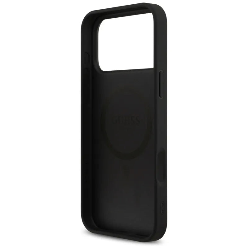 Guess 4G Dryžuoto Spaudinio MagSafe Dėklas iPhone 17 Pro Max (Juodas)