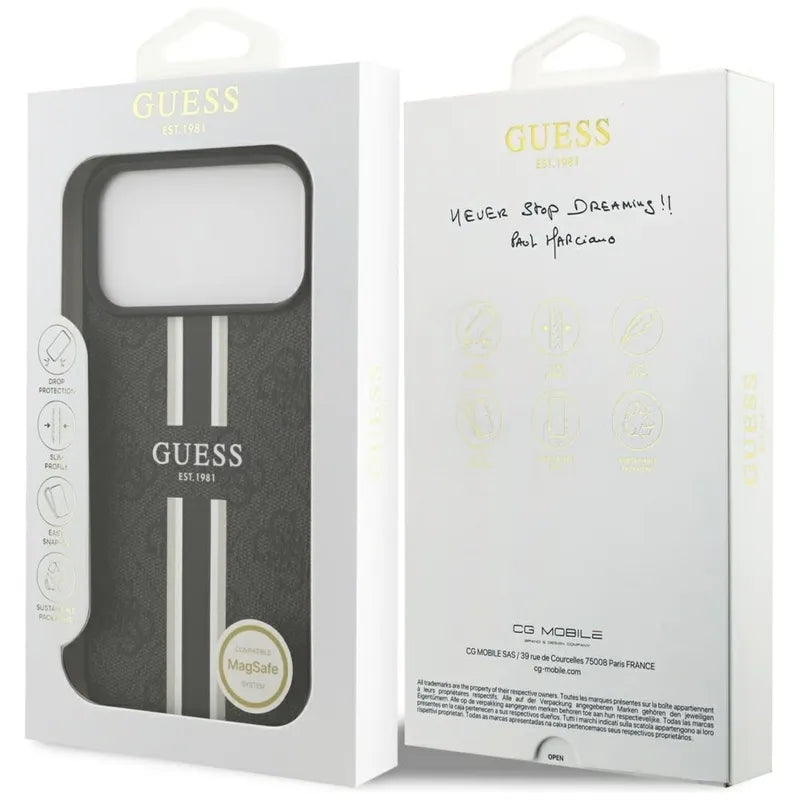 Guess 4G Dryžuoto Spaudinio MagSafe Dėklas iPhone 17 Pro Max (Juodas)