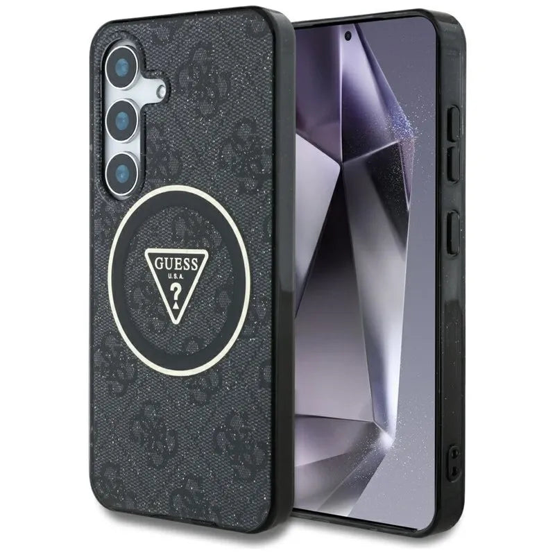 Guess 4G Glitter Triangle Buttons MagSafe – dėklas, skirtas Samsung Galaxy S25+ (juodas)