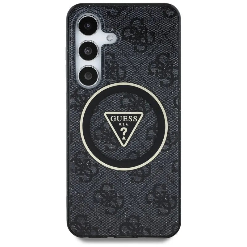 Guess 4G Glitter Triangle Buttons MagSafe – dėklas, skirtas Samsung Galaxy S25+ (juodas)