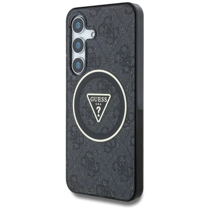 Guess 4G Glitter Triangle Buttons MagSafe – dėklas, skirtas Samsung Galaxy S25+ (juodas)