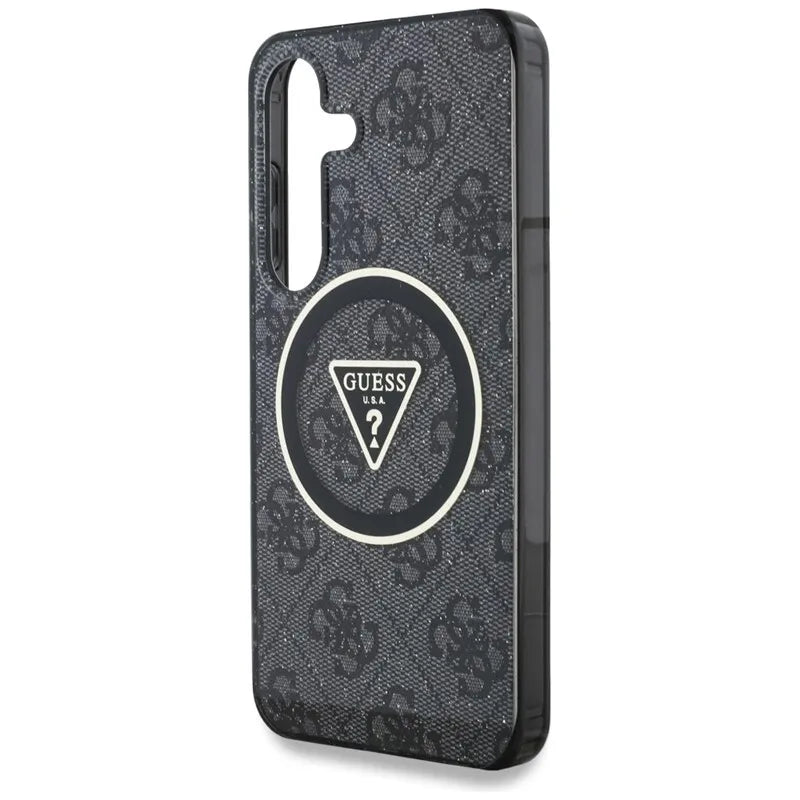 Guess 4G Glitter Triangle Buttons MagSafe – dėklas, skirtas Samsung Galaxy S25+ (juodas)