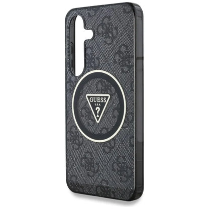 Guess 4G Glitter Triangle Buttons MagSafe – dėklas, skirtas Samsung Galaxy S25+ (juodas)