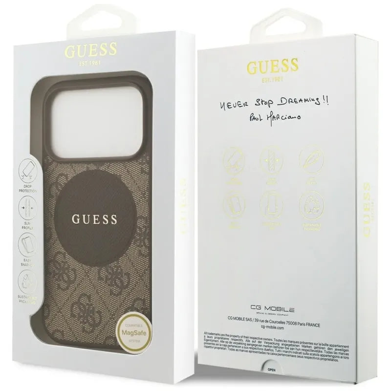 Guess 4G Klasikinis apvalus logotipas MagSafe – Dėklas iPhone 17 Pro (Rudas)