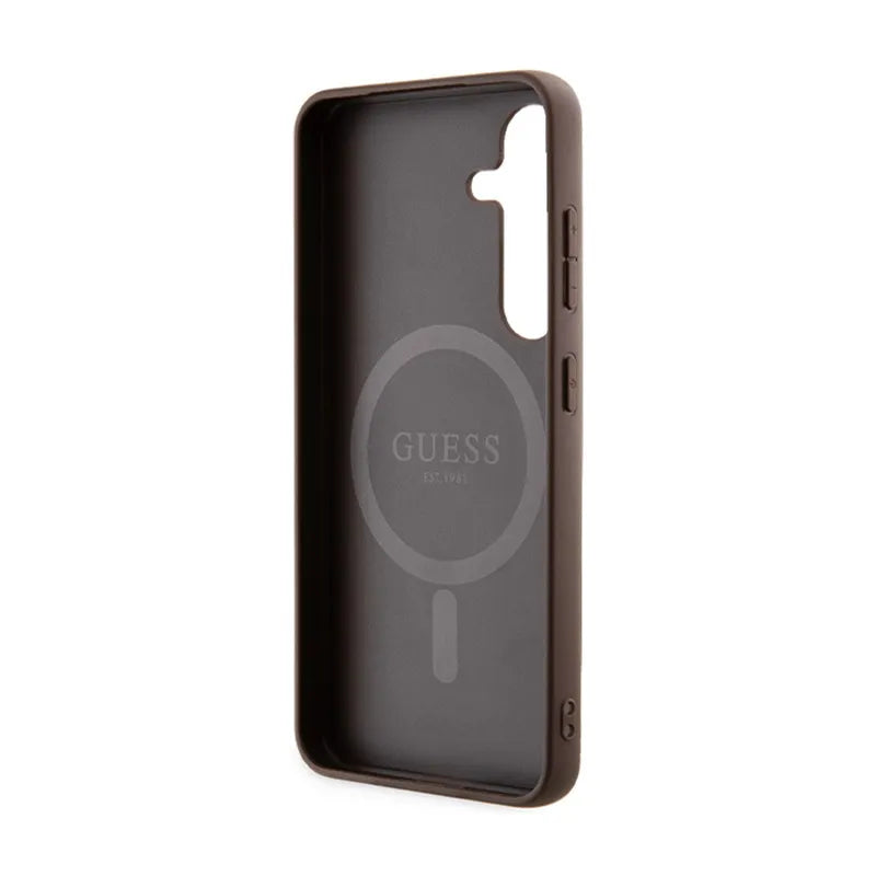 Guess 4G kolekcija Odinis Metalo Logotipas MagSafe - Dėklas Samsung Galaxy S24 (Ruda)