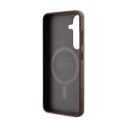 Guess 4G kolekcija Odinis Metalo Logotipas MagSafe - Dėklas Samsung Galaxy S24 (Ruda)