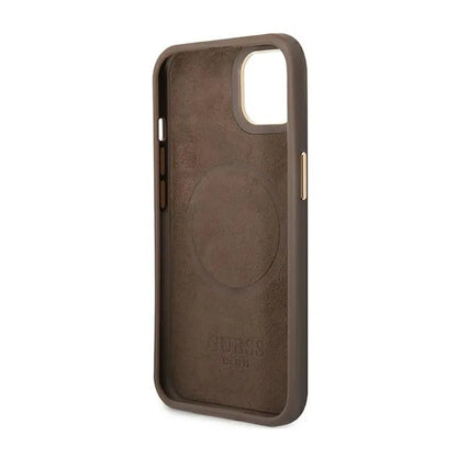 Guess 4G Logo Plate MagSafe – Dėklas iPhone 14 Plus (rudos spalvos)