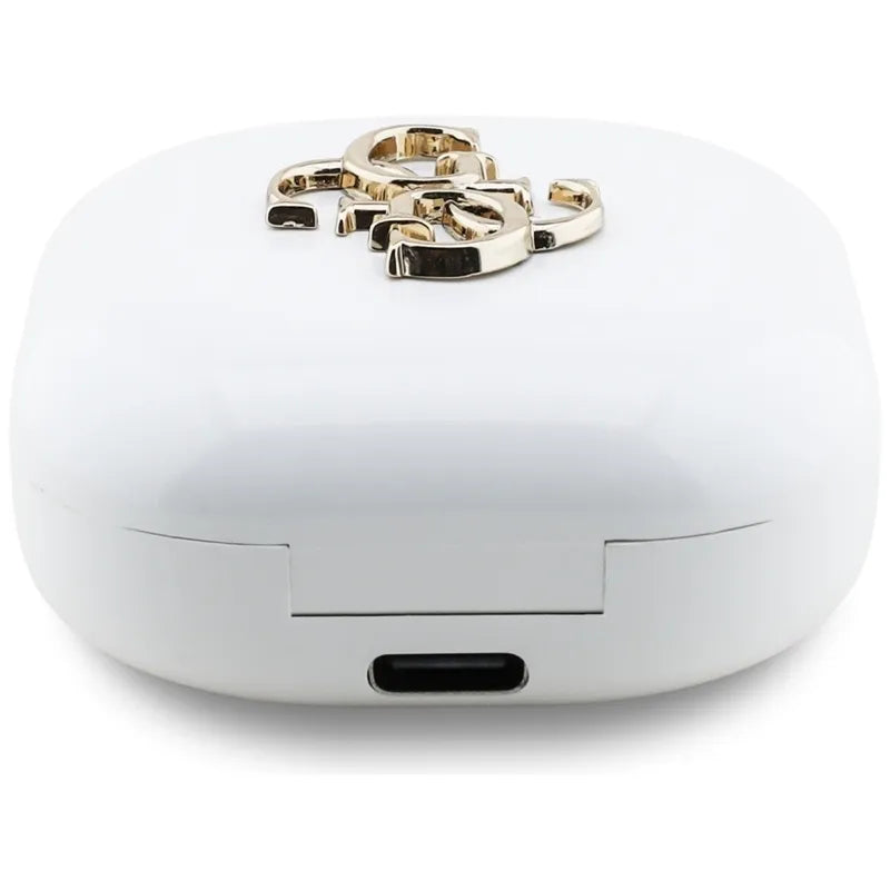 Guess 4G Metal Logo - TWS belaidės Bluetooth ausinės su įkrovimo dėklu (Baltos)