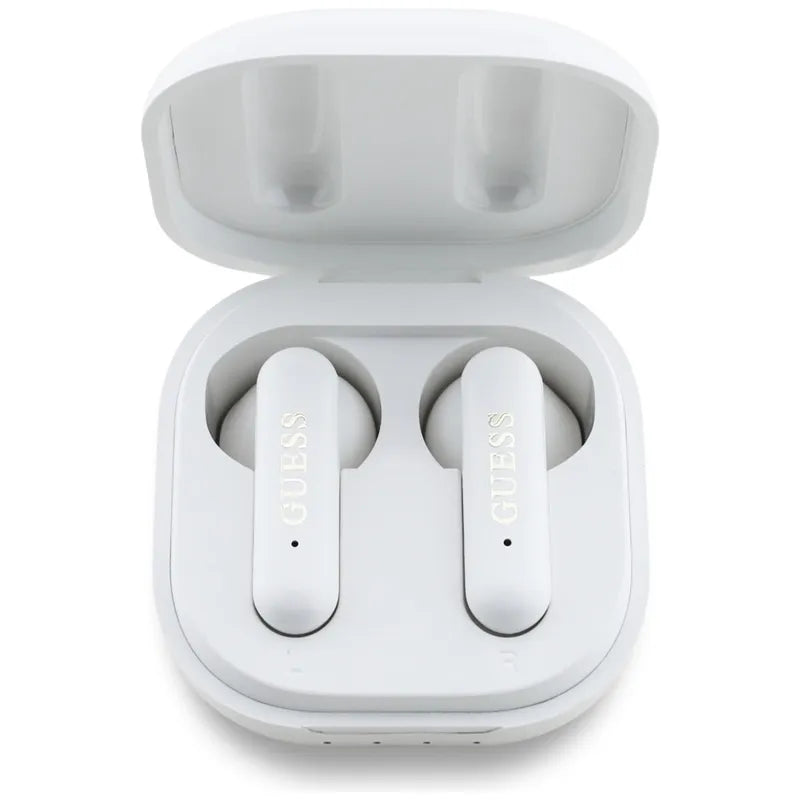 Guess 4G Metal Logo - TWS belaidės Bluetooth ausinės su įkrovimo dėklu (Baltos)