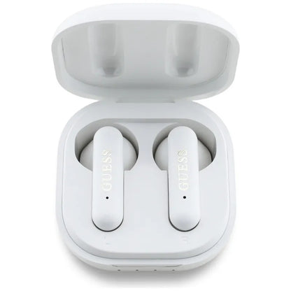 Guess 4G Metal Logo - TWS belaidės Bluetooth ausinės su įkrovimo dėklu (Baltos)