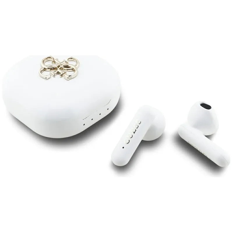 Guess 4G Metal Logo - TWS belaidės Bluetooth ausinės su įkrovimo dėklu (Baltos)