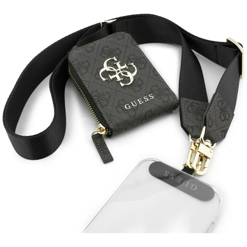 Guess 4G Metal Logo Universal Crossbody telefono dirželis ir maža rankinė – virvelė / peties dirželis su telefono dėklu (juoda)