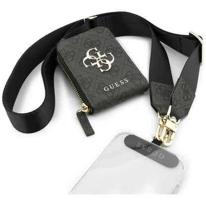 Guess 4G Metal Logo Universal Crossbody telefono dirželis ir maža rankinė – virvelė / peties dirželis su telefono dėklu (juoda)